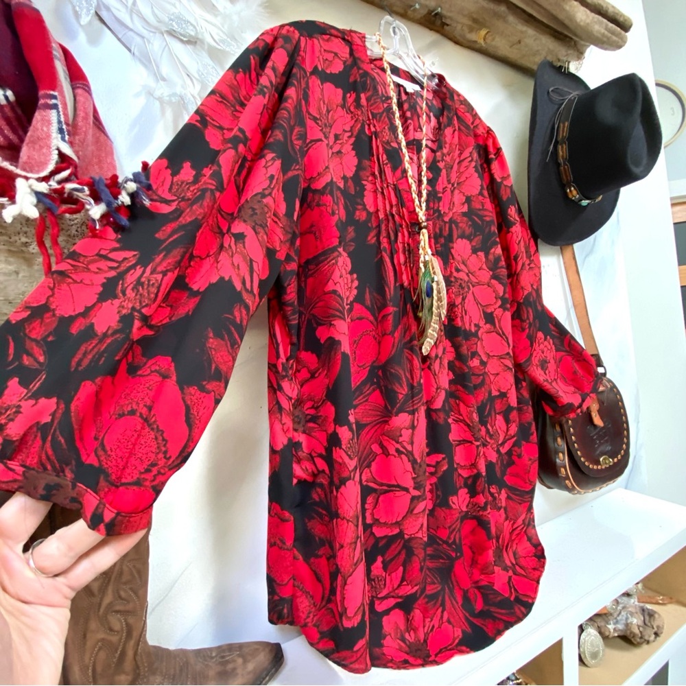 cleo Red and Black Floral Tunic Top